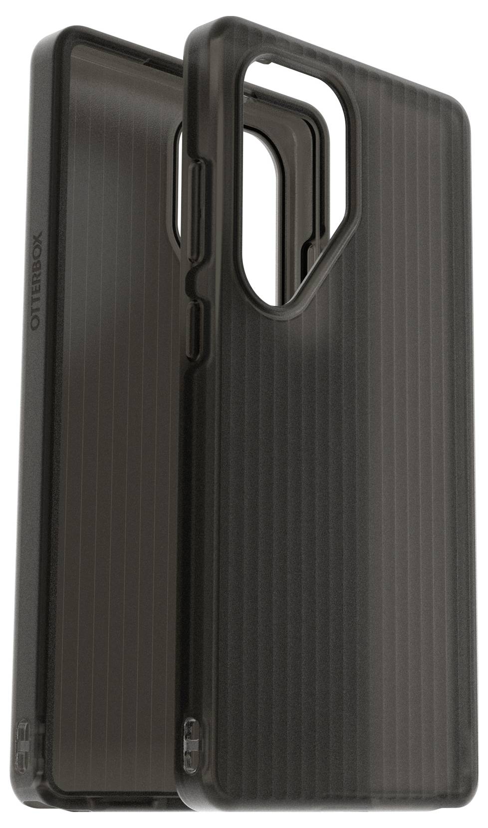 Zwei schwarze Smartphone-Hüllen mit gerillter Oberfläche.