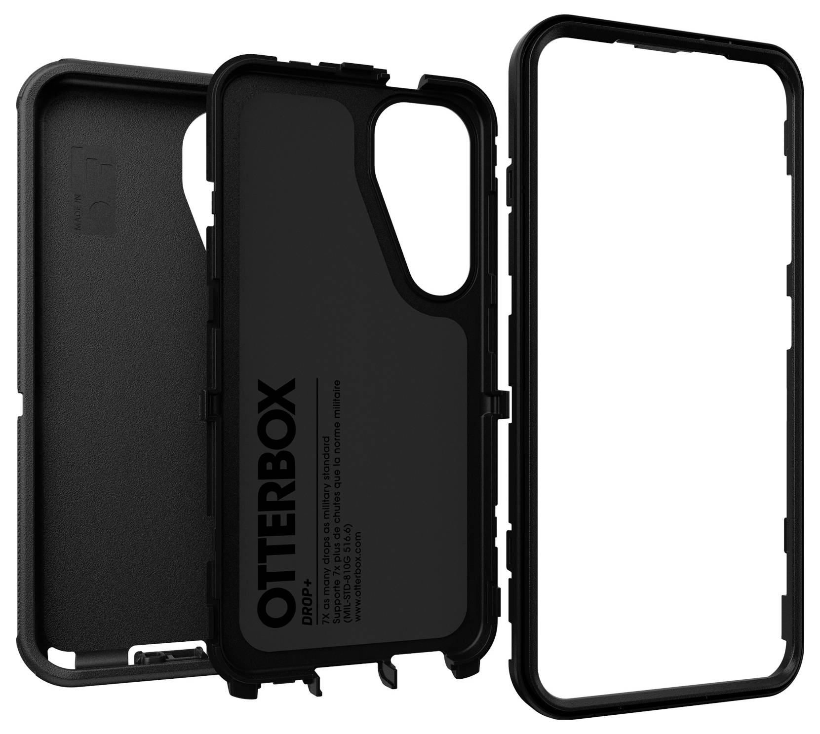 Schwarzes zweiteiliges Handygehäuse von Otterbox, bestehend aus einer Rück- und einer Frontabdeckung, bietet robusten Schutz.