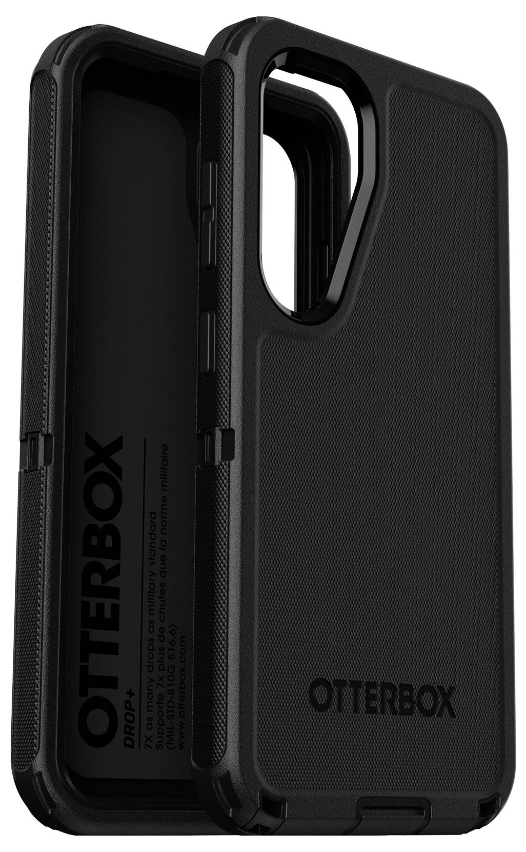 Schutzhülle aus schwarzem Material von Otterbox für Smartphones mit Textur und robustem Design, zeigt Klappansicht.