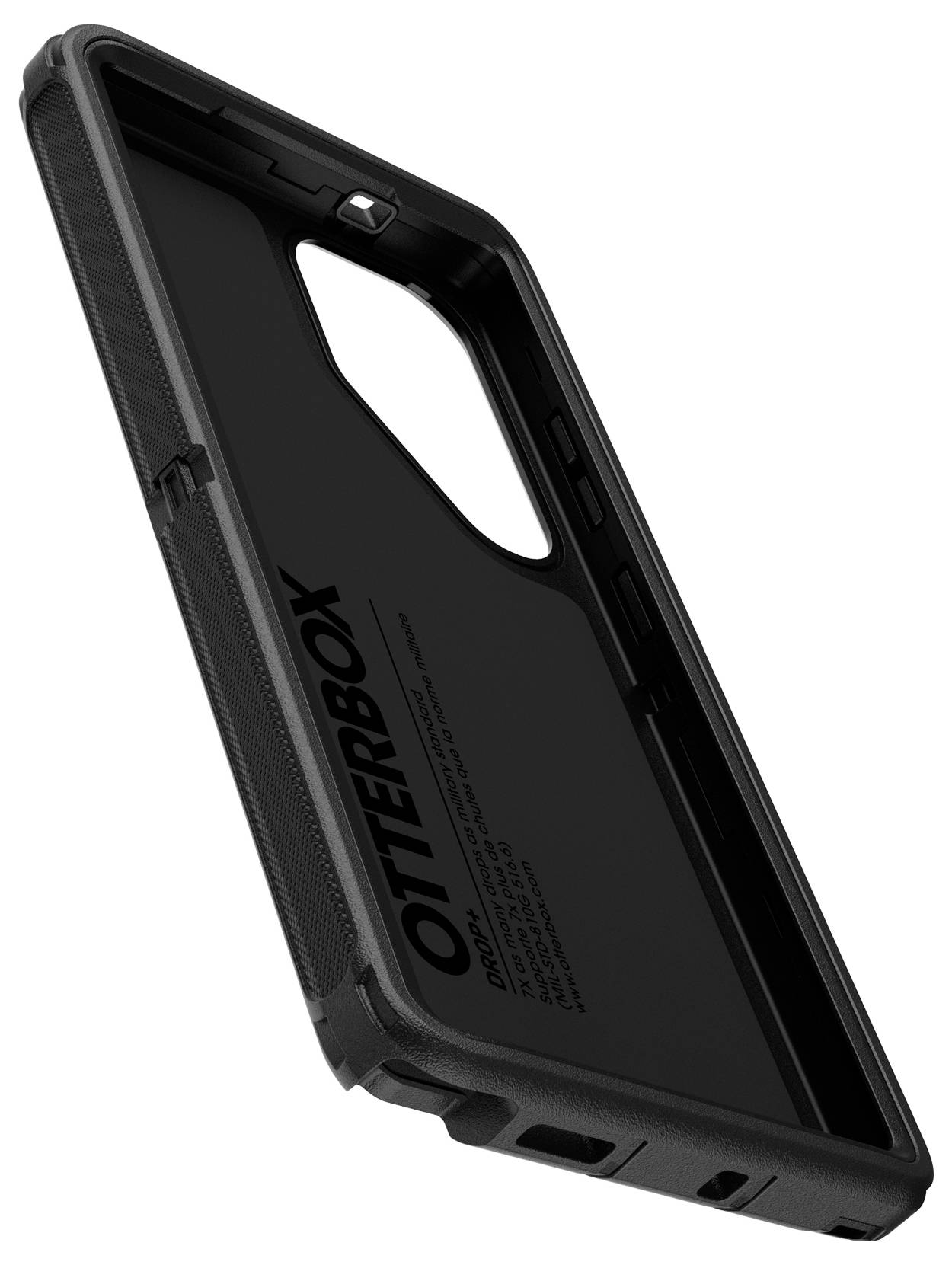 Robuste schwarze Smartphone-Hülle mit Öffnungen für Kamera und Anschlüsse, Innenseite mit 'Otterbox'-Logo.