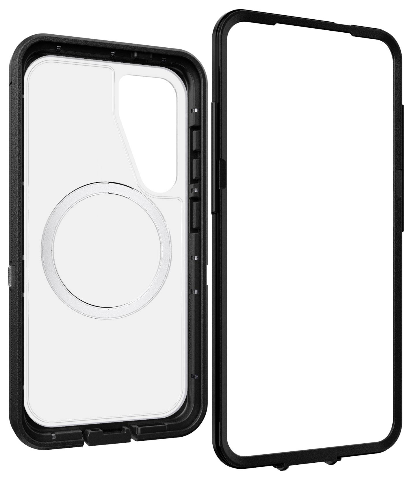 Transparente Handyhülle mit magnetischem Ring und schwarzem Rahmen, geeignet für ein Smartphone. Hülle zeigt Vorder- und Rückseite.