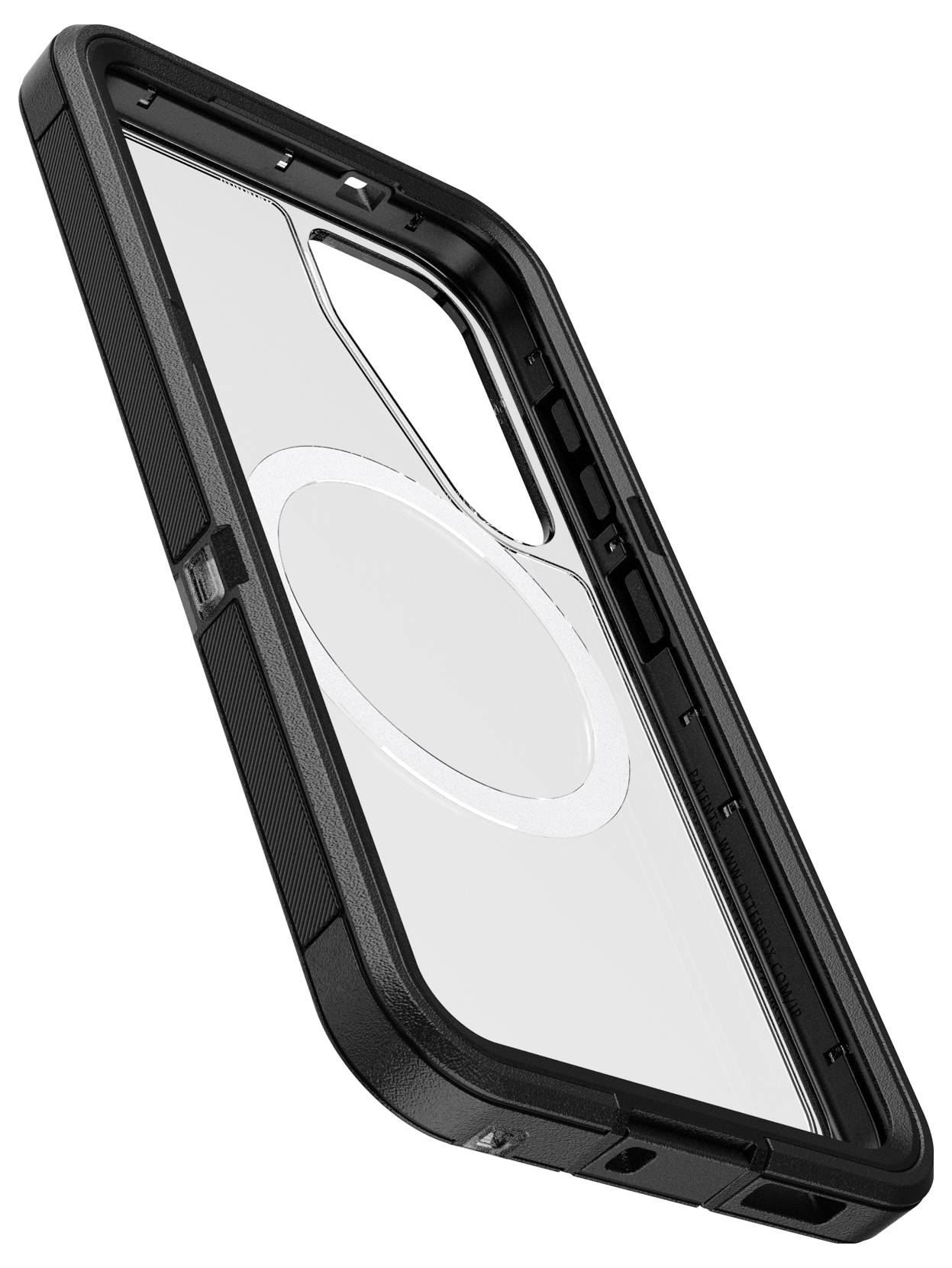 Schwarze Handyhülle mit robustem Rand und transparentem Rücken, passend für Smartphones. Schützt vor Stößen und Kratzern.