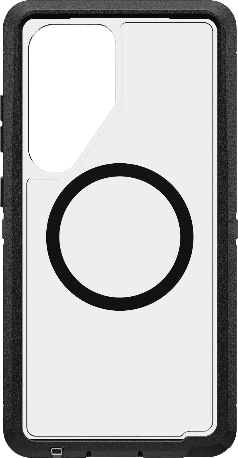 Handyhülle mit kreisförmigem MagSafe-Ring, um die kabellose Ladefunktion zu unterstützen. Schwarz-weißes Design mit transparentem Rückenteil.