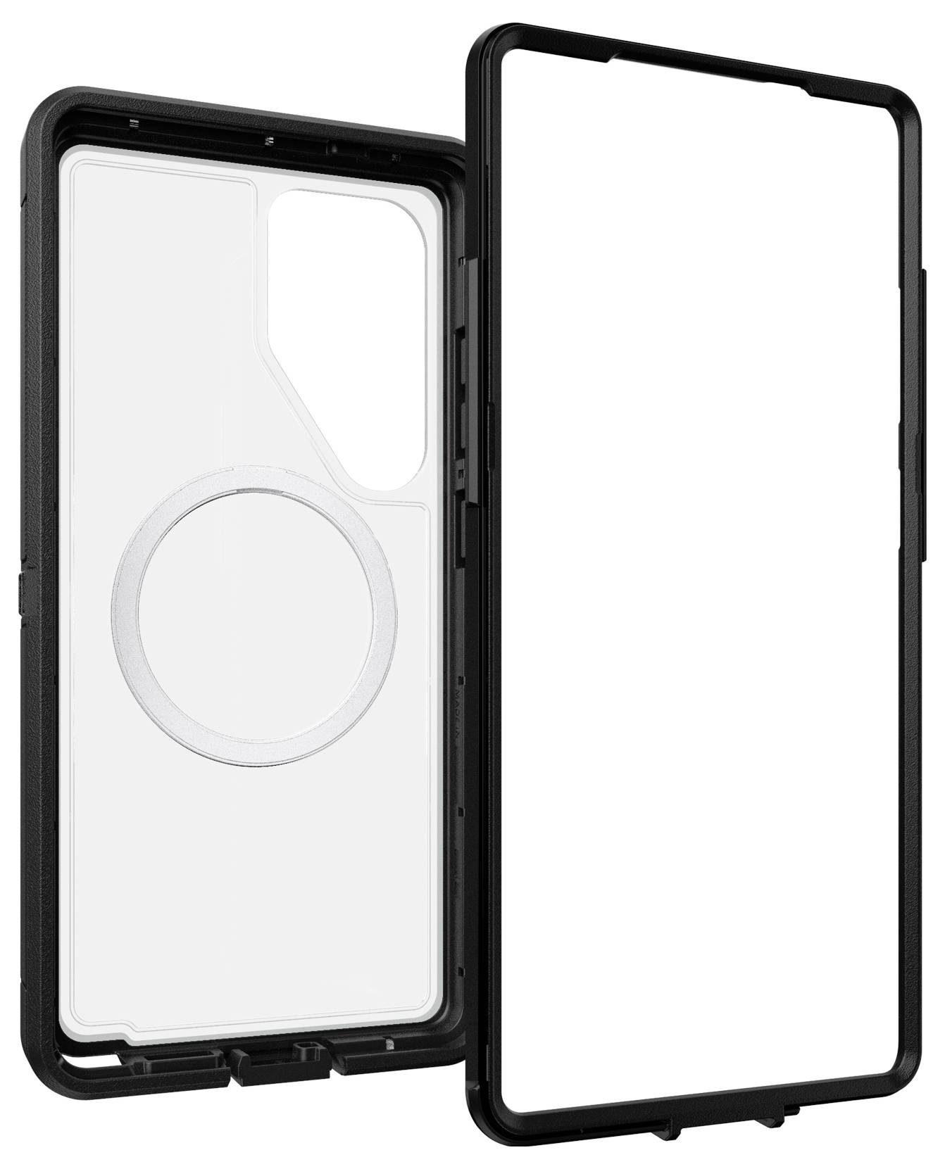 Schwarze Handyhülle mit Magnetring und transparentem Rückenteil, geeignet für ein Smartphone.