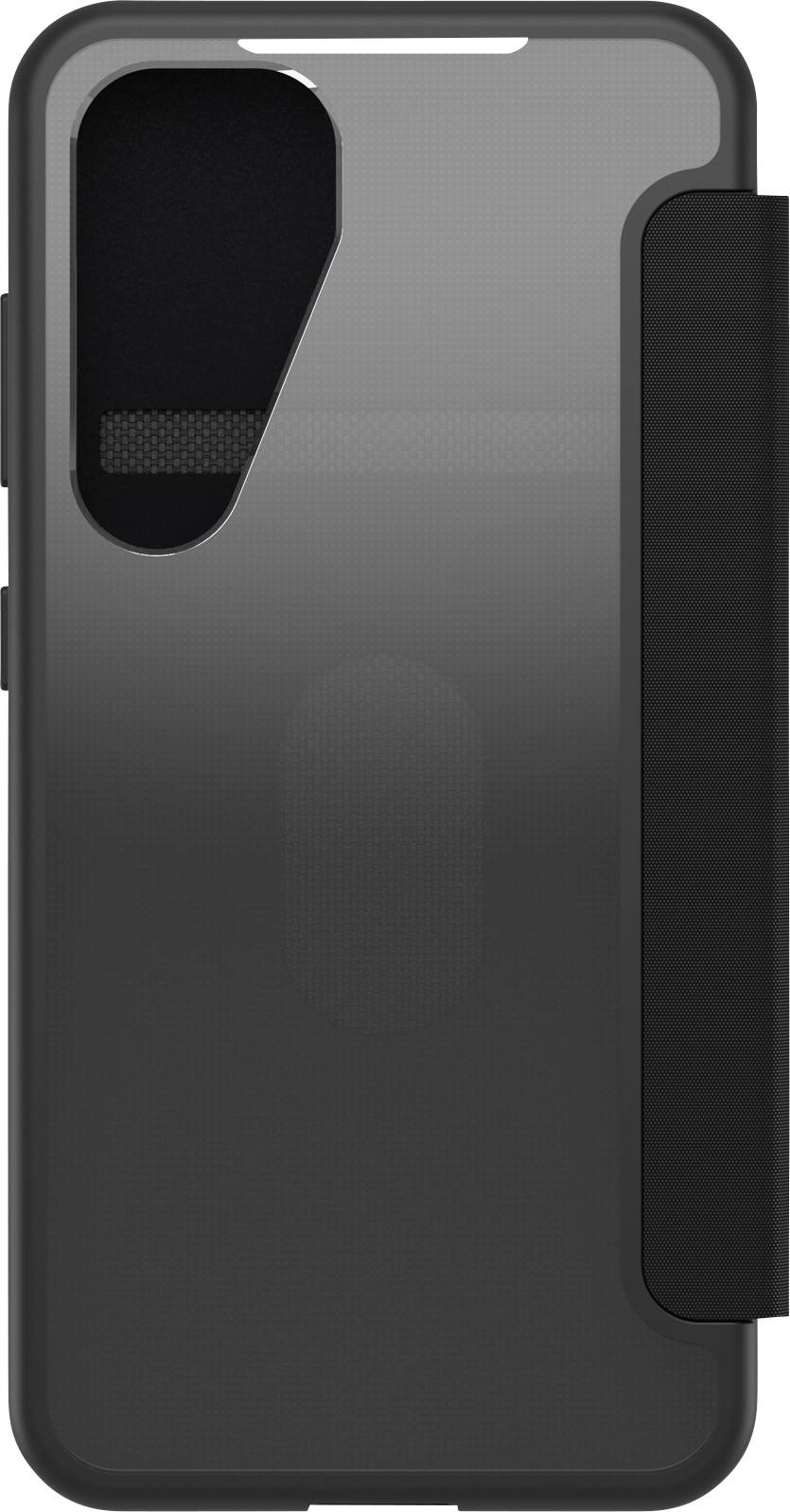 Schwarzes Smartphonemodell mit rechteckiger Schutzhülle und seitlicher Kameraöffnung. Minimalistisches Design.