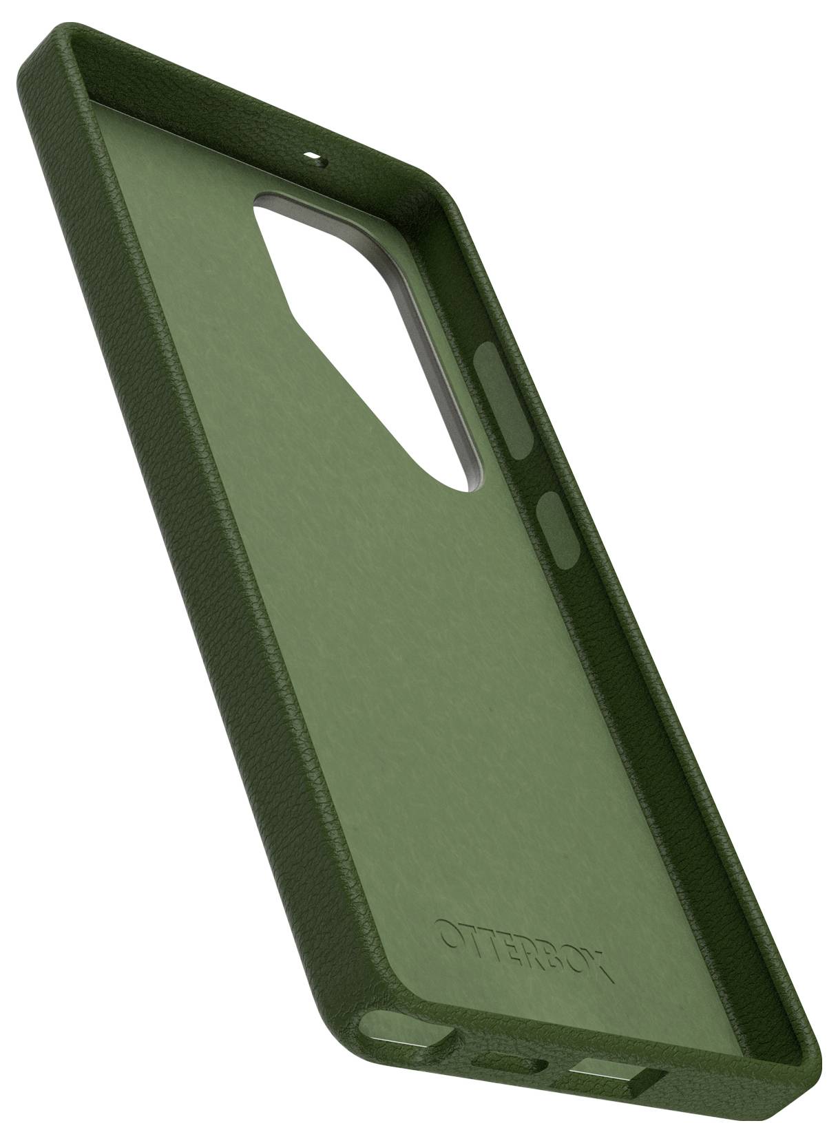 Dunkelgrüne Handyhülle von OtterBox mit rechteckigem Ausschnitt für Kamera, seitlichem Schutz und strukturiertem Finish.