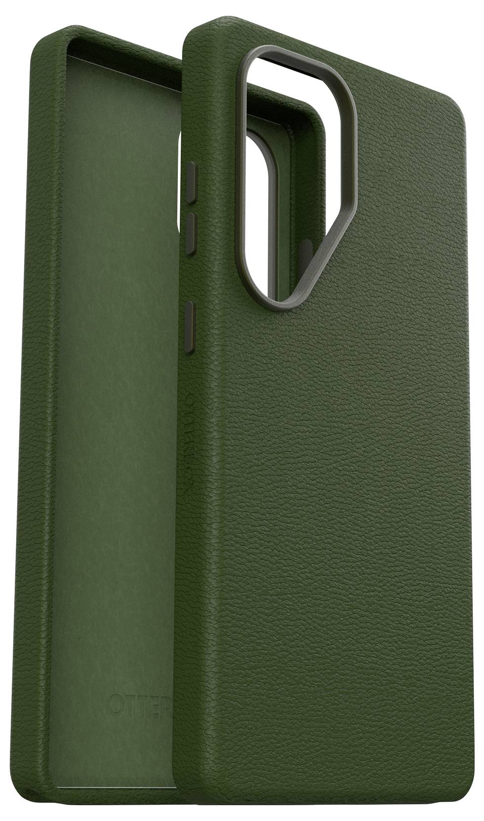 Grüne Smartphone-Hülle aus Leder mit präzisen Aussparungen für Kamera und Tasten, bietet Schutz und stilvolle Optik.