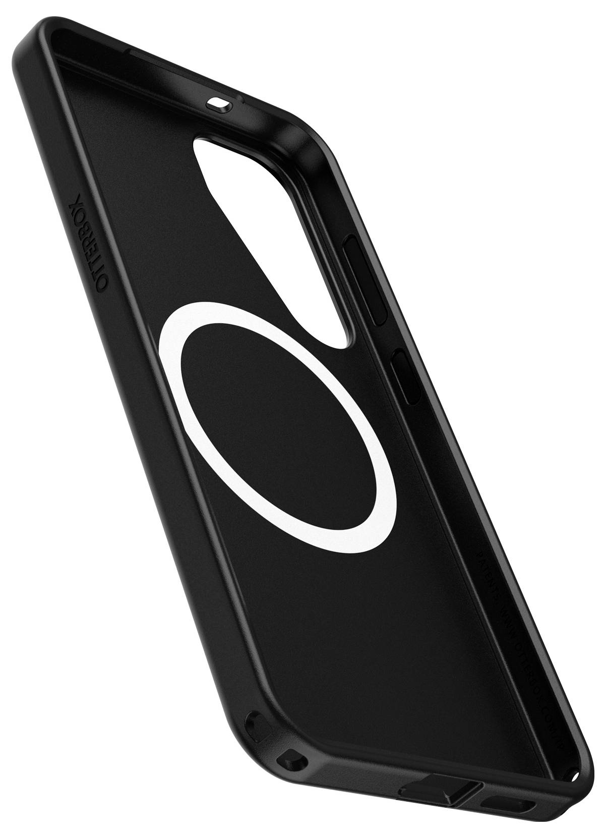 Schwarze Smartphone-Hülle, Markennamen 'Otterbox' an der Seite. Gehäuse mit ovalem weißen Muster auf der Rückseite.