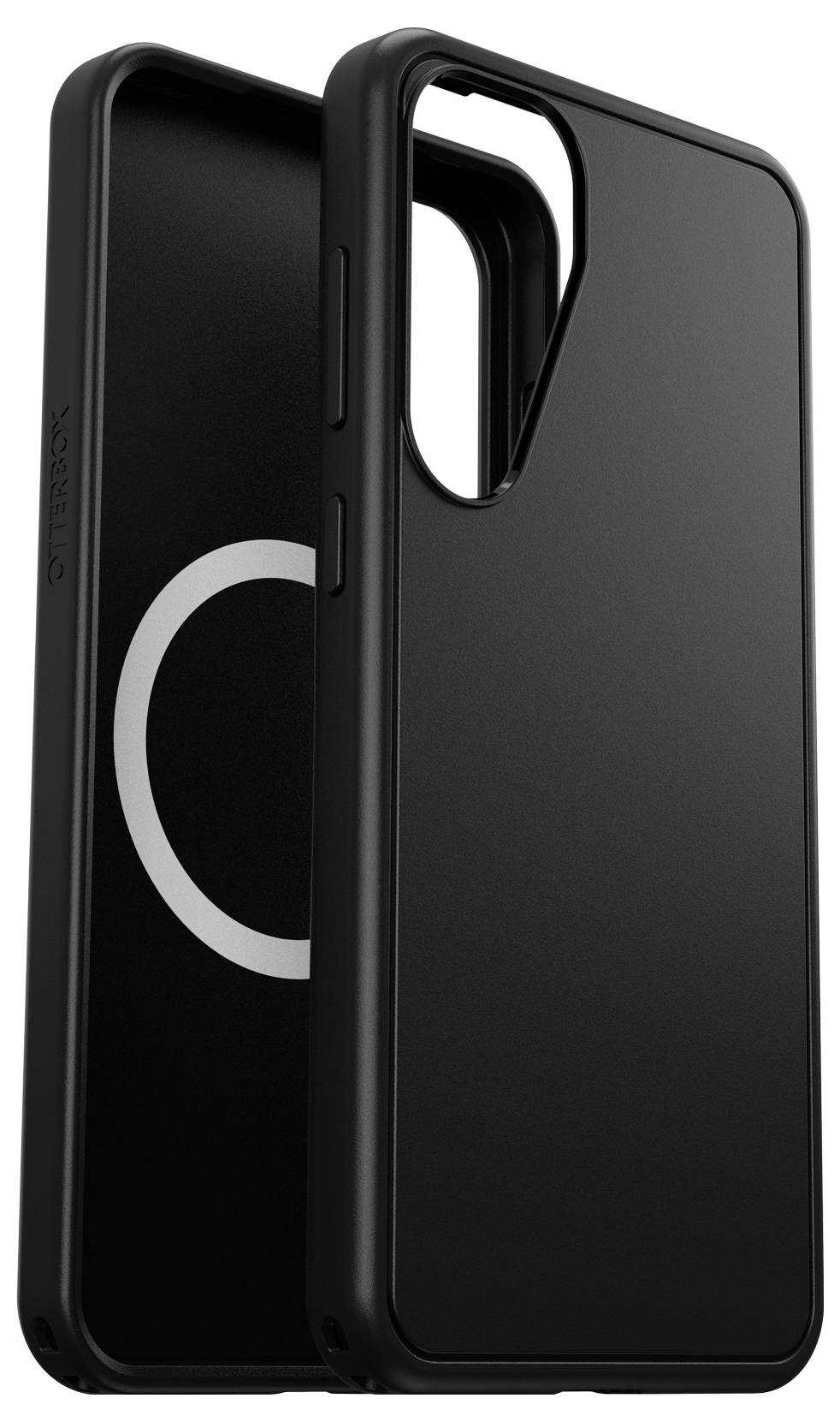 Schwarze Smartphone-Hülle mit kreisförmigem Innenmuster, Ansicht von hinten und seitlich. Schutz für Kamerabereich.