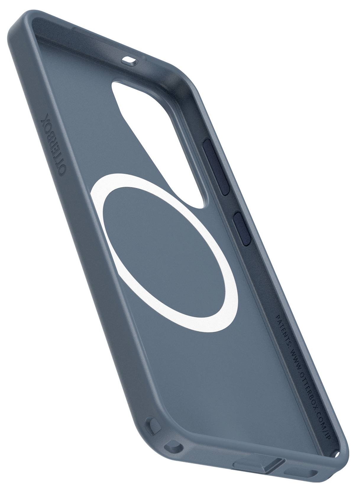 Blaue Handyhülle mit ovalem weißen Design, harte Schale.