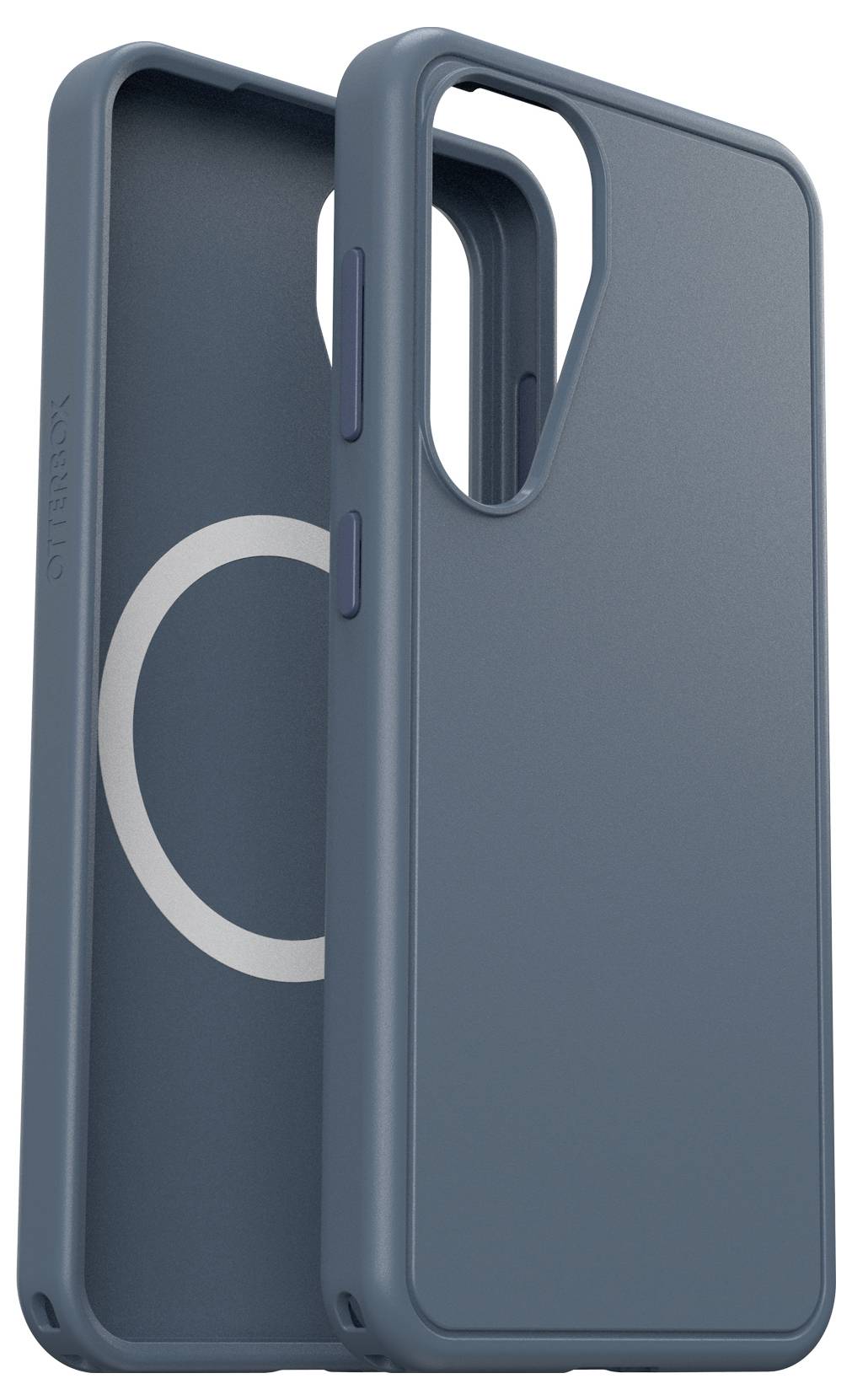 Eine blaue Smartphone-Hülle mit offener Oberseite und seitlichen Knöpfen, passt zu einem modernen Handy und bietet Schutz.