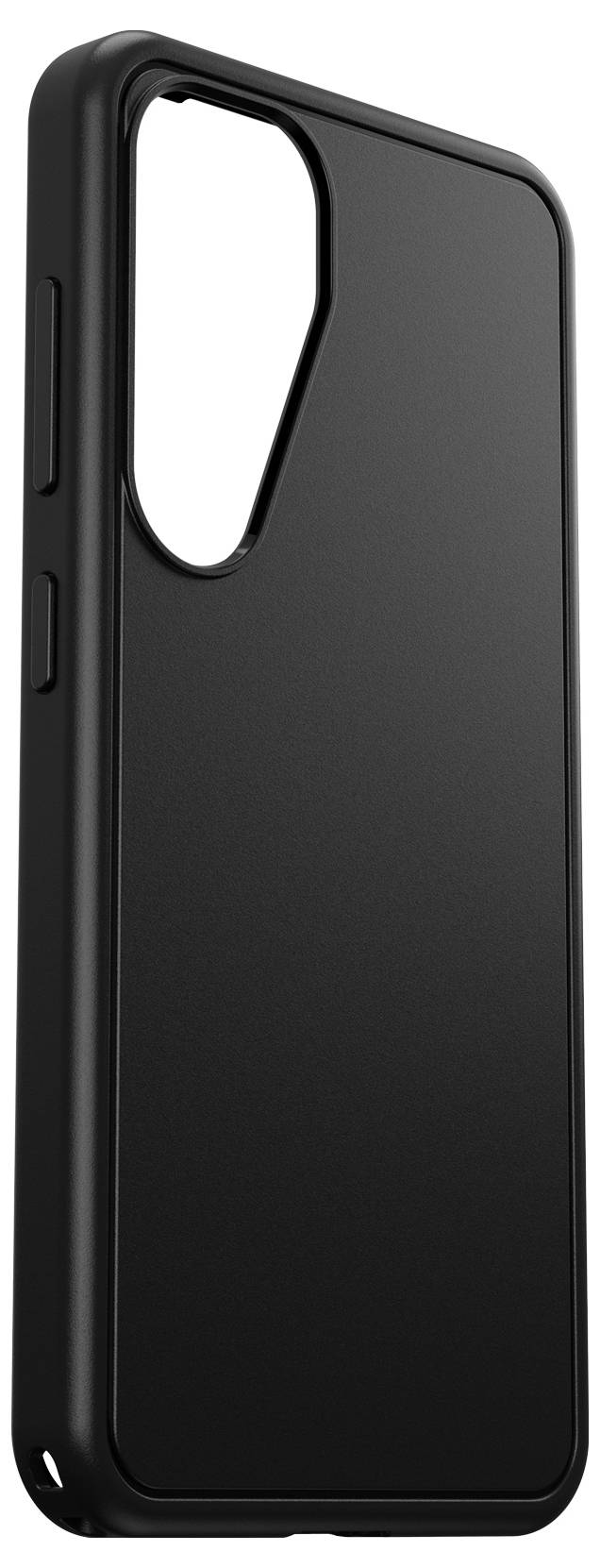 Schwarze Handyhülle mit schlichtem Design, passend für ein Smartphone. Oberflächenstruktur glatt, mit Aussparungen für Kamera und Knöpfe.