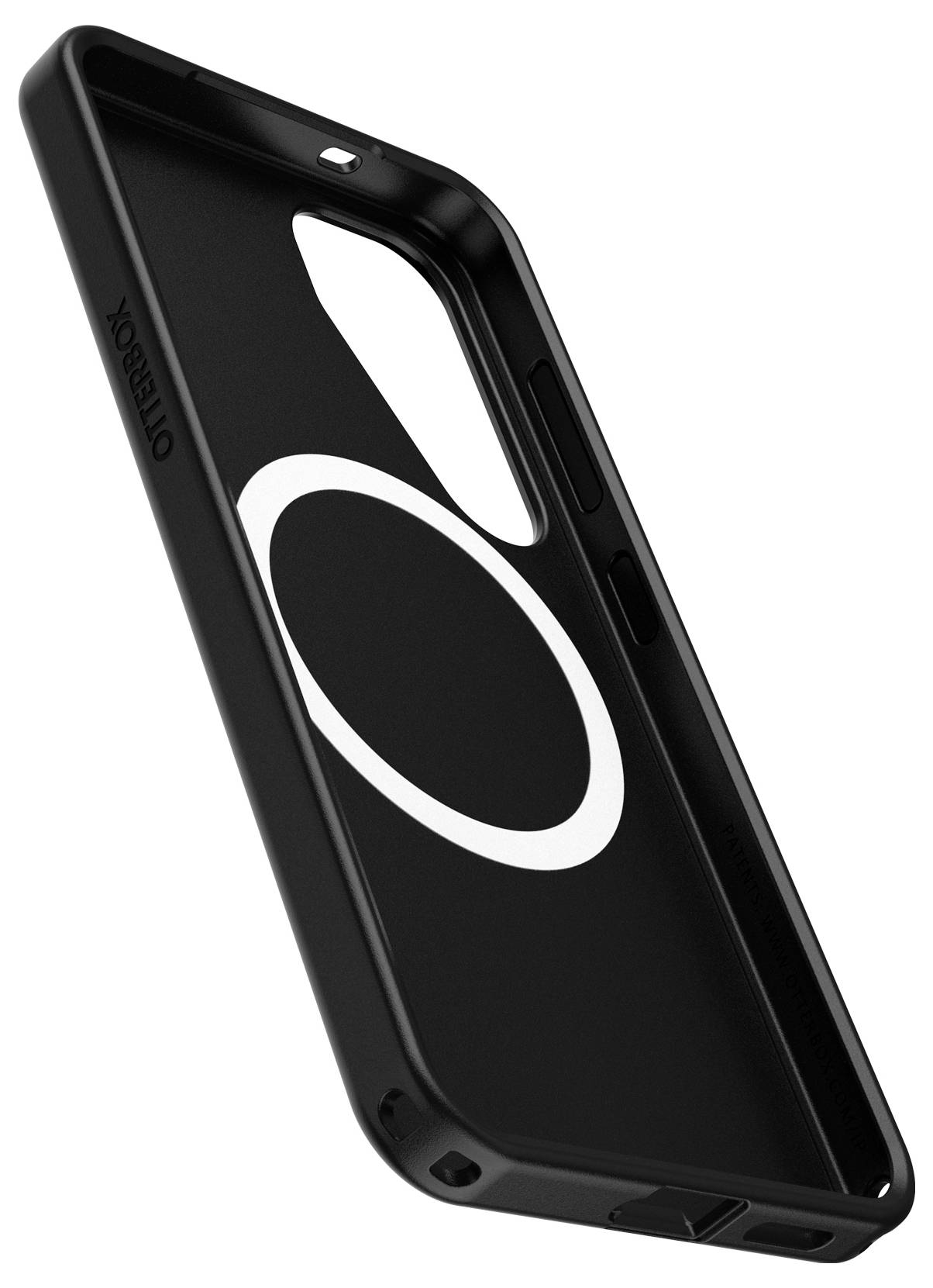 Schwarze Smartphone-Schutzhülle mit ovalem Ausschnitt, seitlich liegend, Markenname 'OtterBox' an der Seite sichtbar.