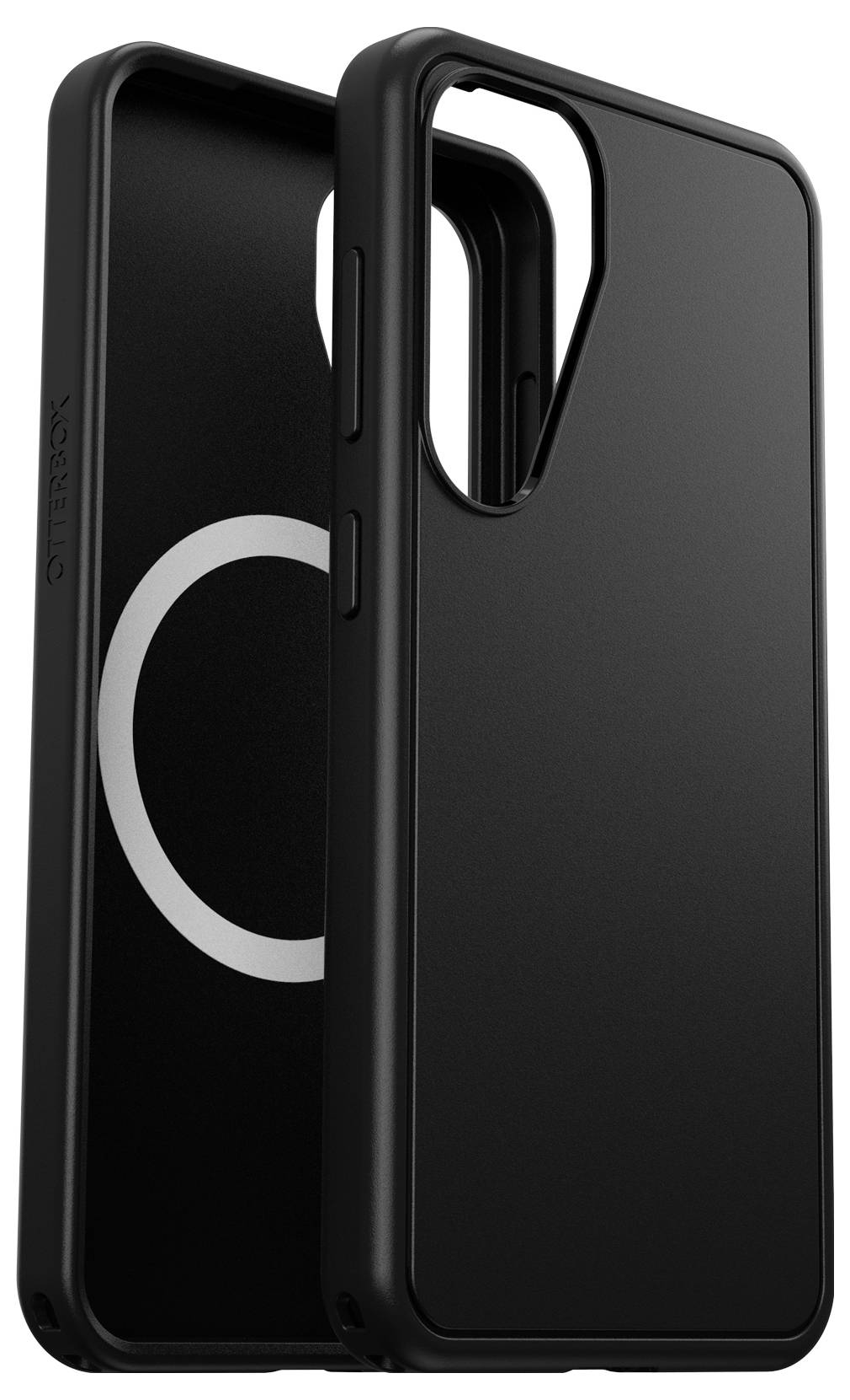 Schwarze Handyhülle mit Aussparung für Kamera und Knöpfe, stehend in einem schützenden Design.