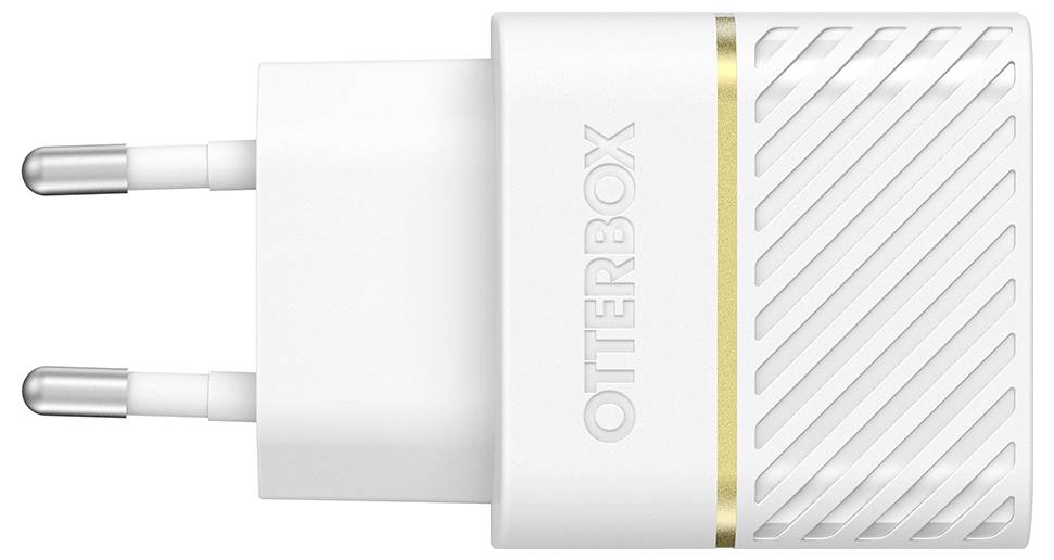 Ein weißes Ladegerät mit zwei Stiften und goldfarbenem Detailstreifen. Der Markenname ist 'OTTERBOX'.