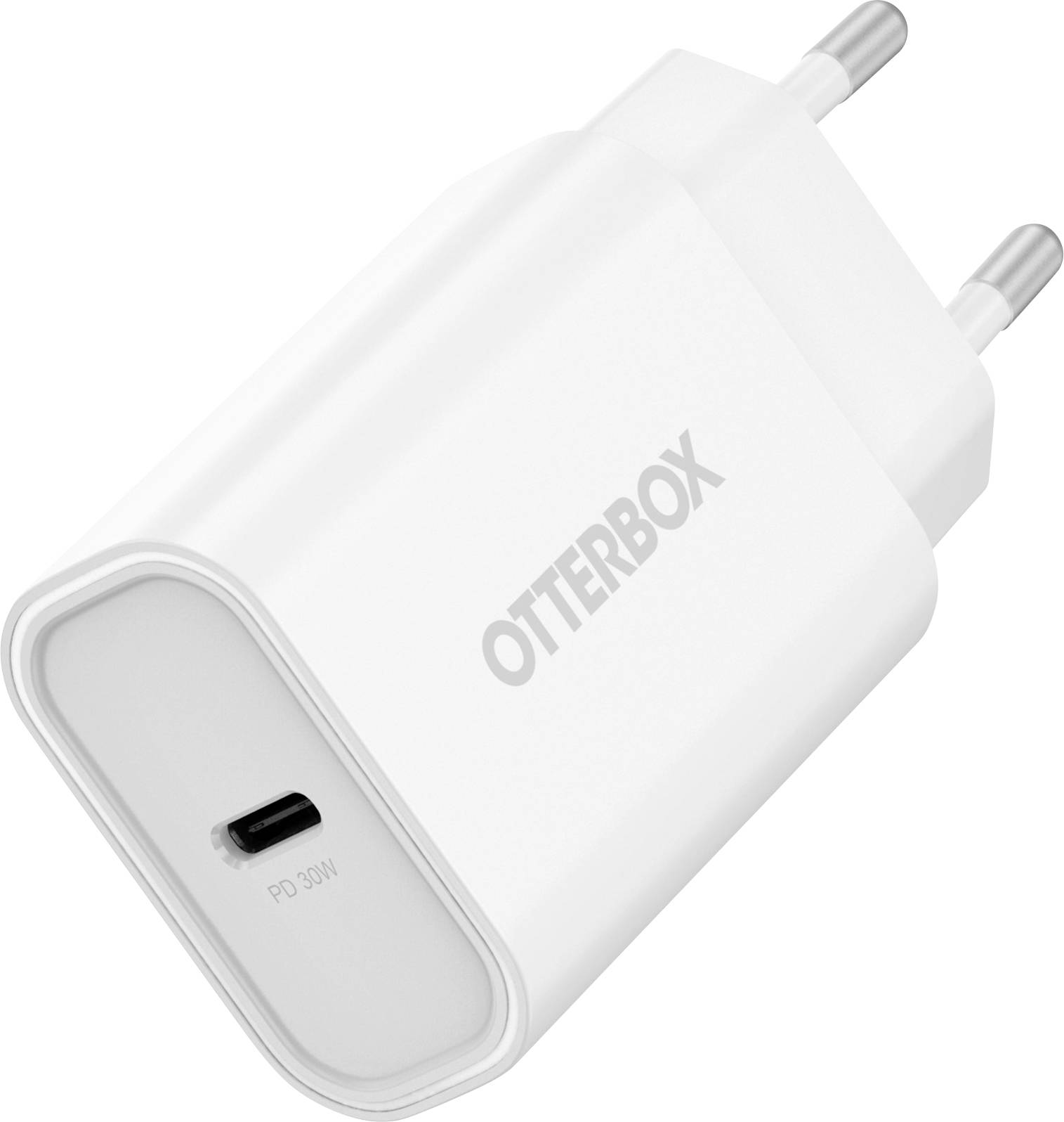 Ein weißes Ladegerät mit der Aufschrift 'OtterBox' und einem USB-C-Anschluss, geeignet für europäische Steckdosen.