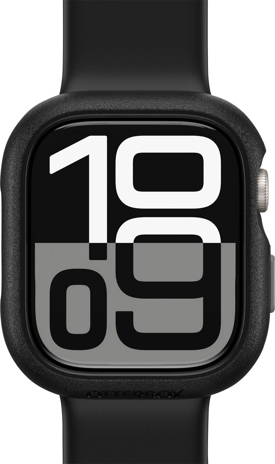 Digitale Uhr mit schwarzem Gehäuse zeigt die Zeit 10:09 in großen, modernen Ziffern an. Uhr verfügt über ein minimalistisches Design.