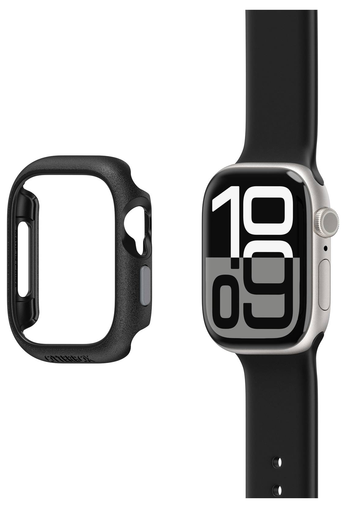 Eine Smartwatch mit schwarzem Armband zeigt groß die Zeit '10:09' auf dem Display. Daneben liegt ein passendes schwarzes Gehäuse.