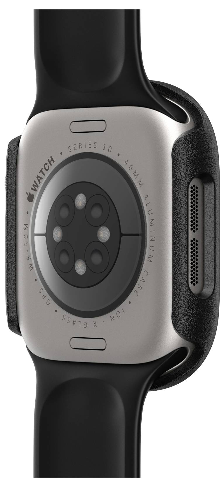 Rückseite einer Smartwatch mit vier Sensoren und Gehäuse mit der Aufschrift 'Series 6, 40 mm, Aluminiumgehäuse, GPS, Wasserdicht'.