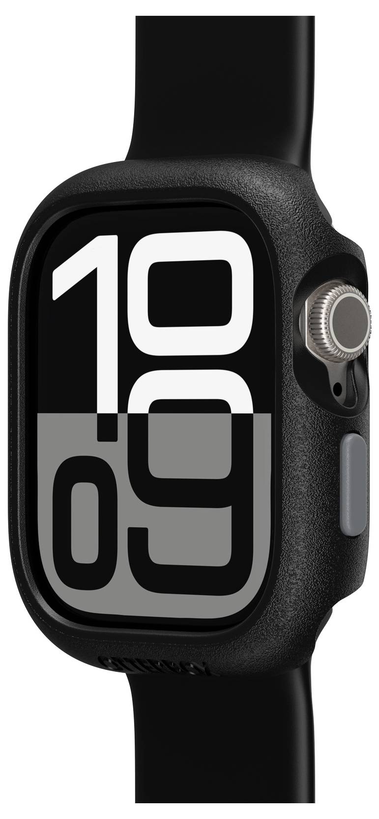 Schwarze Smartwatch mit digitaler Uhranzeige '10:09' auf einem großen Bildschirm.