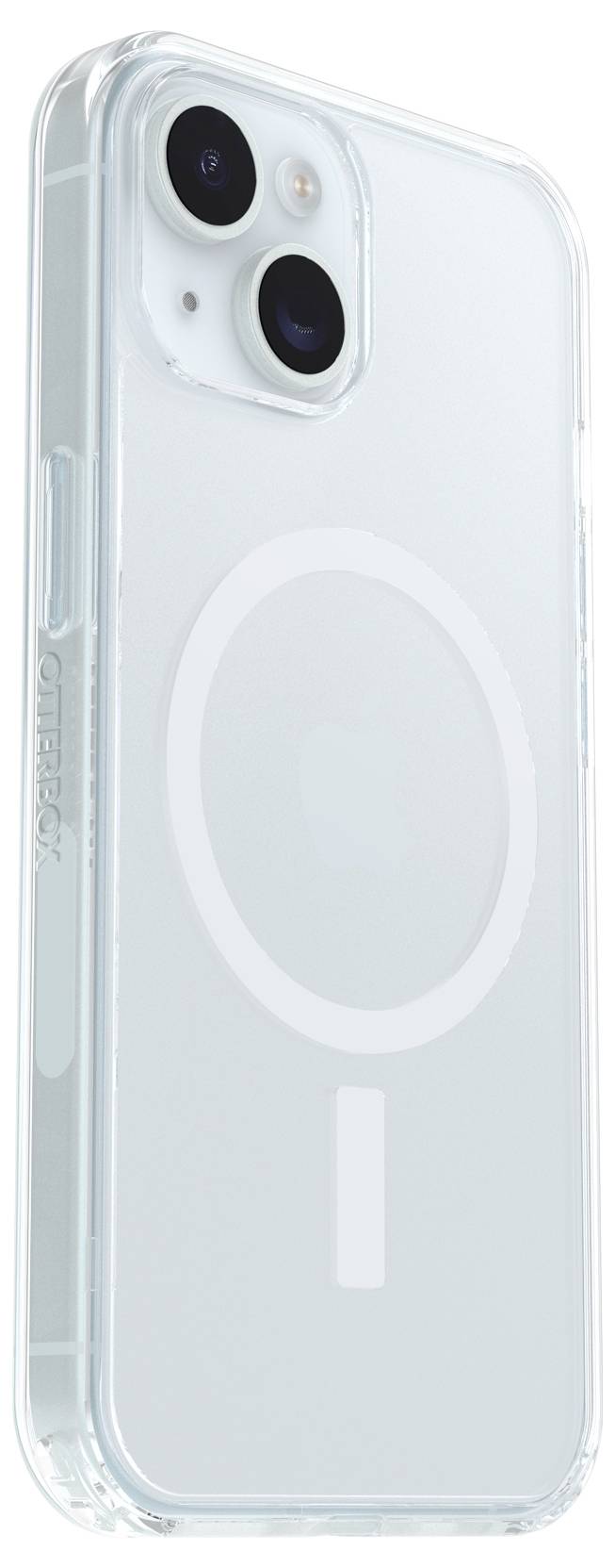 Ein weißes Smartphone mit durchsichtigem Schutzcase, das eine bullaugenförmige Struktur auf der Rückseite zeigt.