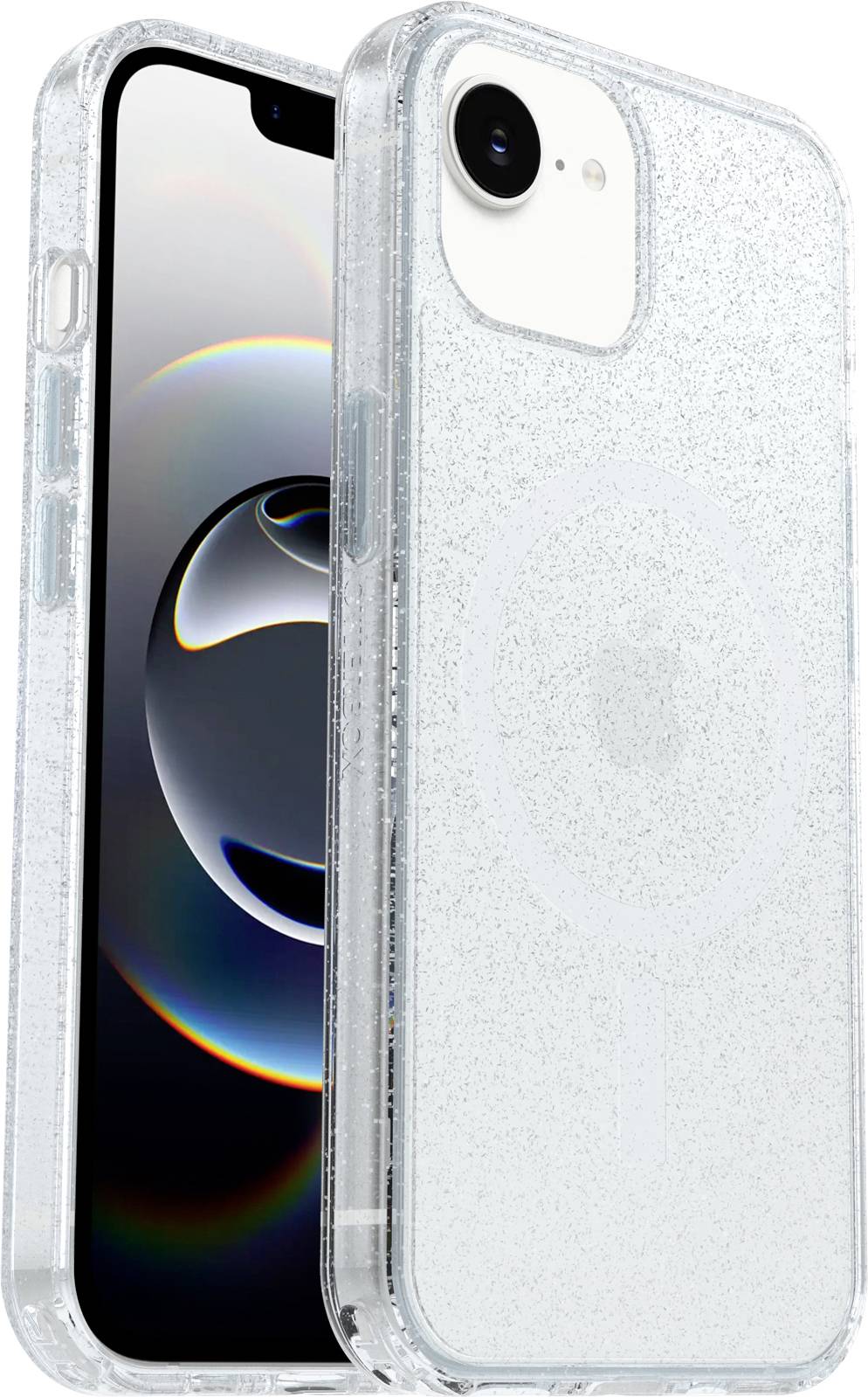 Durchsichtige Glitterhandyhülle gezeigt auf einem iPhone, Vorder- und Rückansichten, die das schützende transparente Design hervorheben.