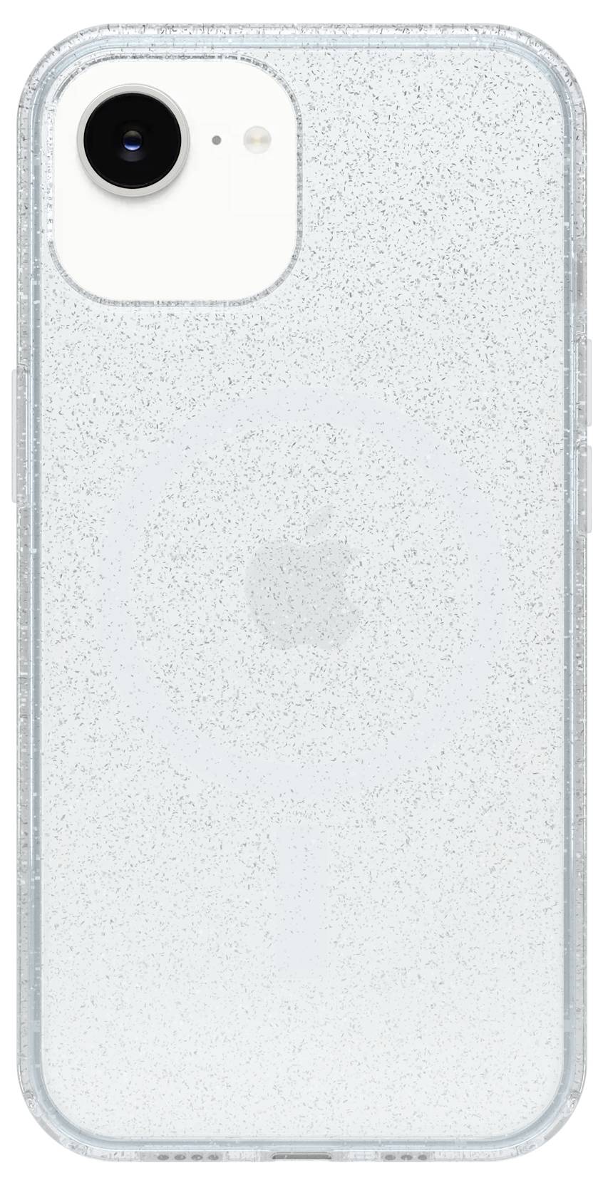Transparente Glitter-Handyhülle für ein Smartphone, von hinten gezeigt mit einem großen einzelnen Kamera-Ausschnitt.