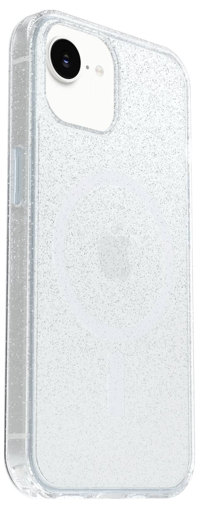 Durchsichtige glitzernde Handyhülle von hinten gezeigt, mit Ausschnitten für die Kamera und Tasten.