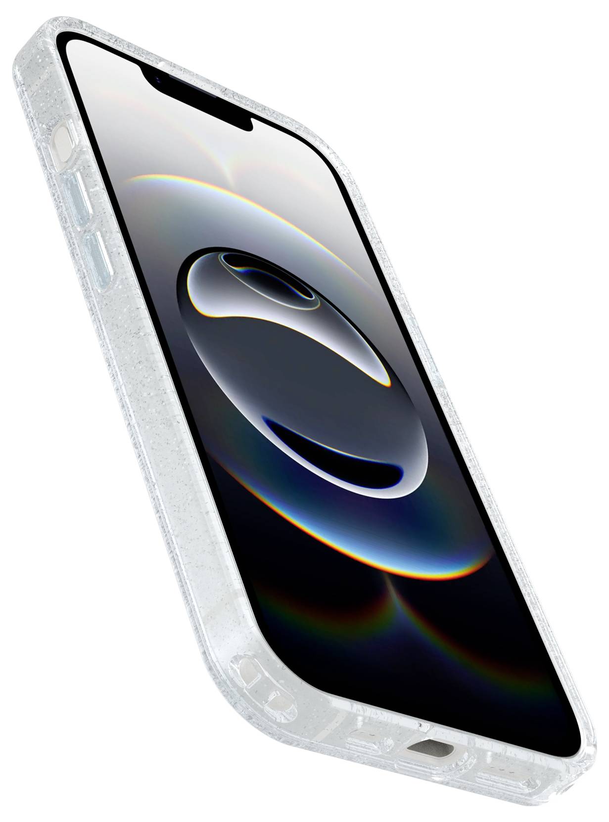 Smartphone in schräger Position mit durchsichtiger Schutzcase auf weißem Hintergrund.