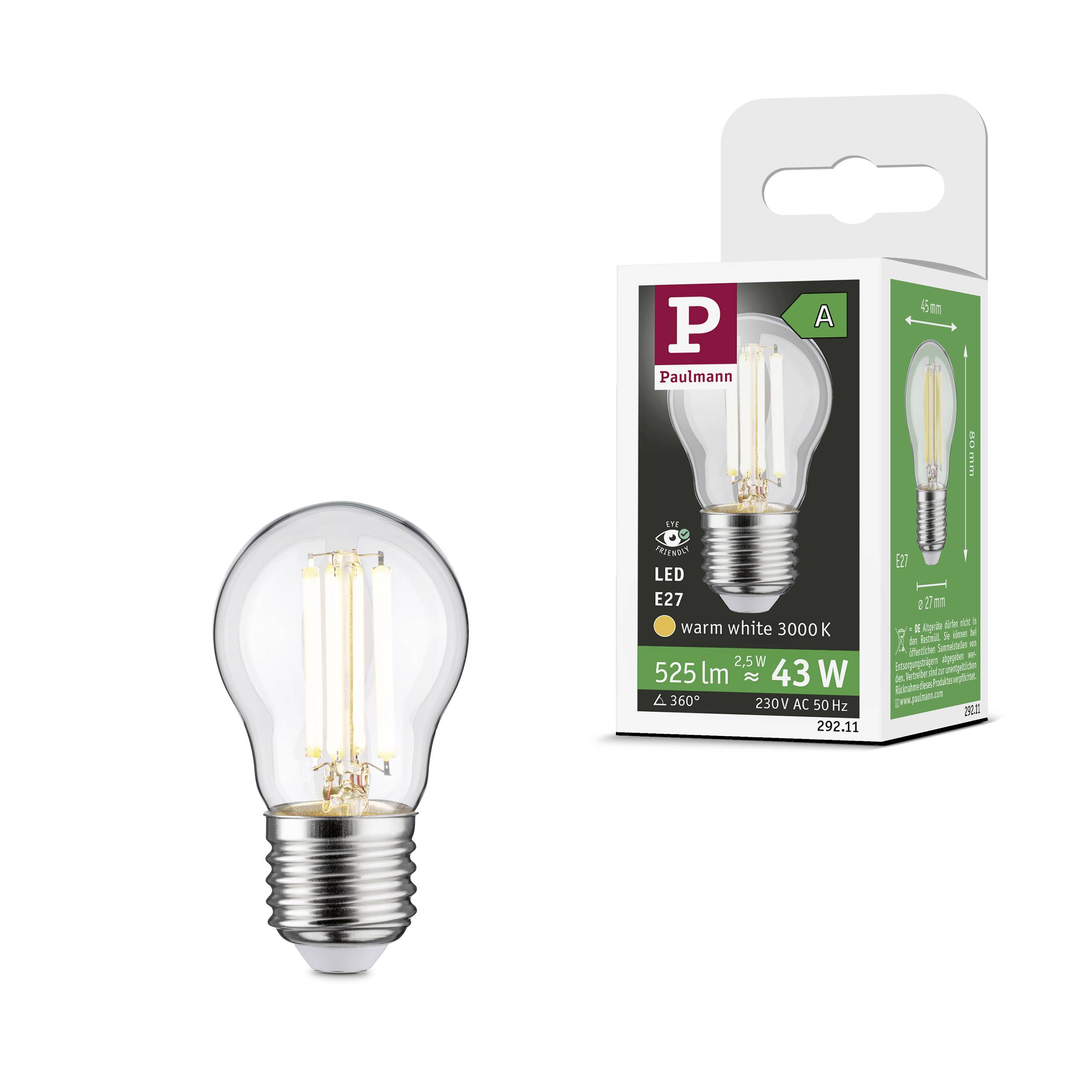 Paulmann 29211 LED EEK A (A - G) E27 Tropfenform 2.5W Warmweiß (Ø x H) 45mm x 80mm 1St.