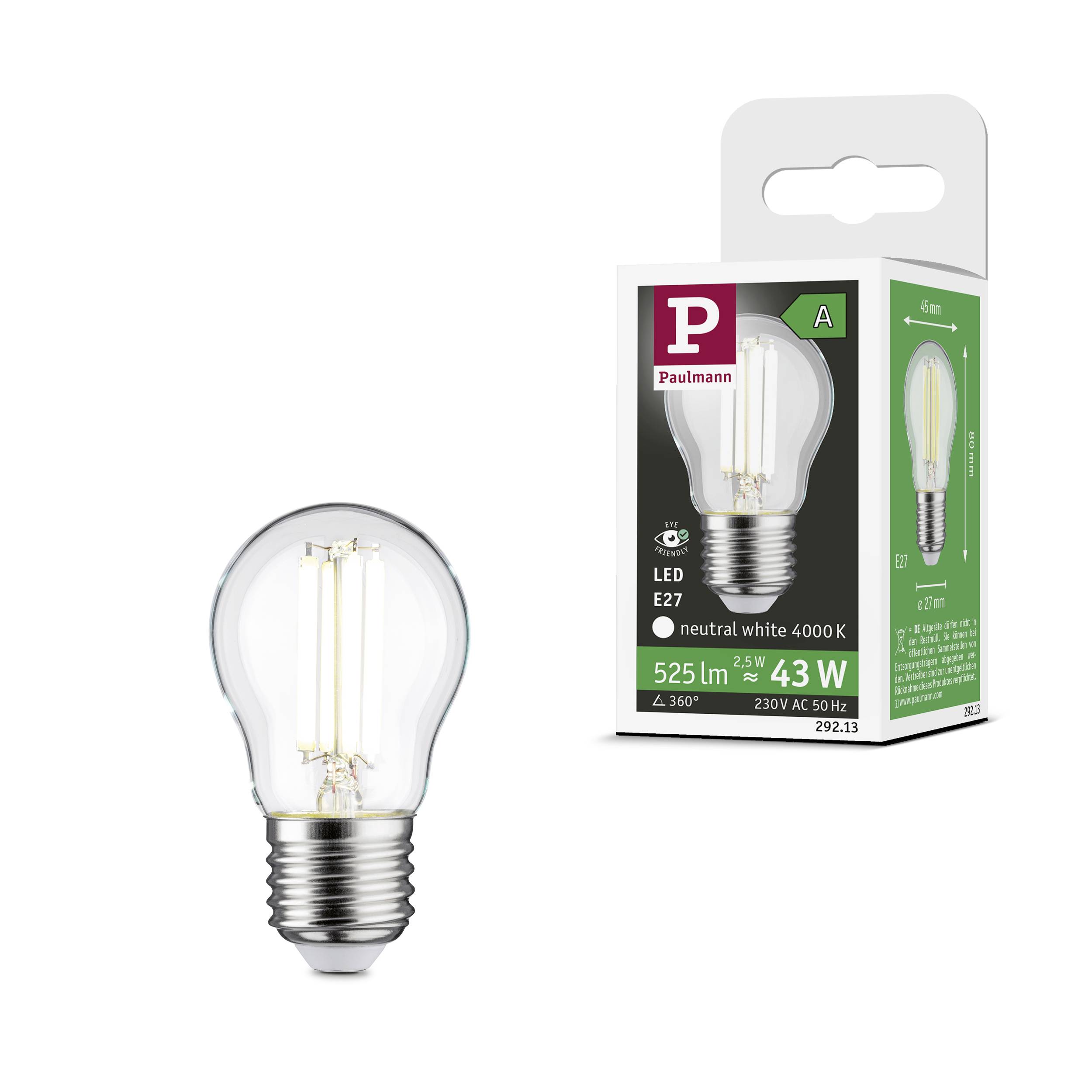 Paulmann 29213 LED EEK A (A - G) E27 Tropfenform 2.5W Neutralweiß (Ø x H) 45mm x 80mm 1St.