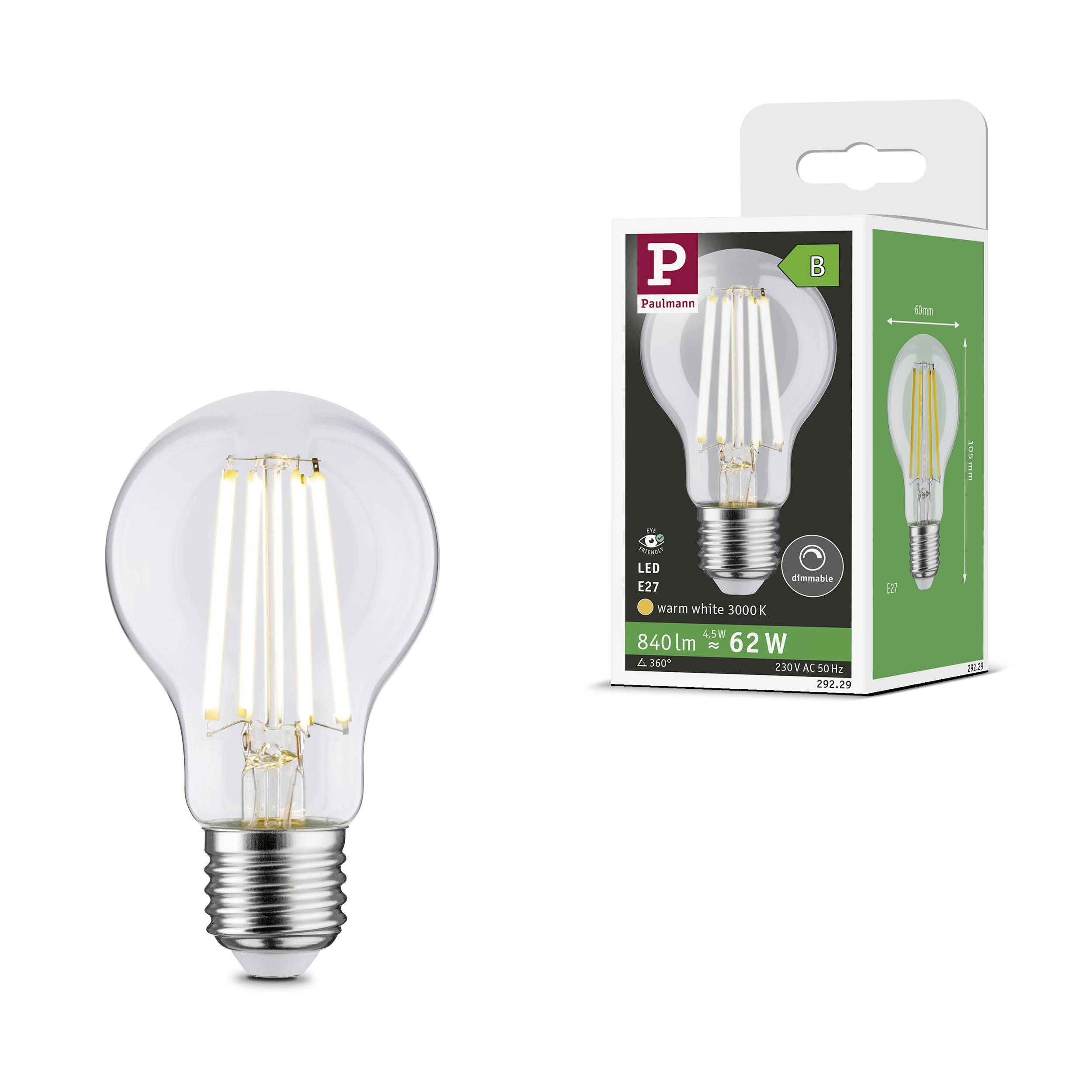 Eine LED-Glühbirne mit E27-Fassung neben ihrer Verpackung. Die Verpackung zeigt technischen Details wie 840 Lumen und 6,2 Watt.