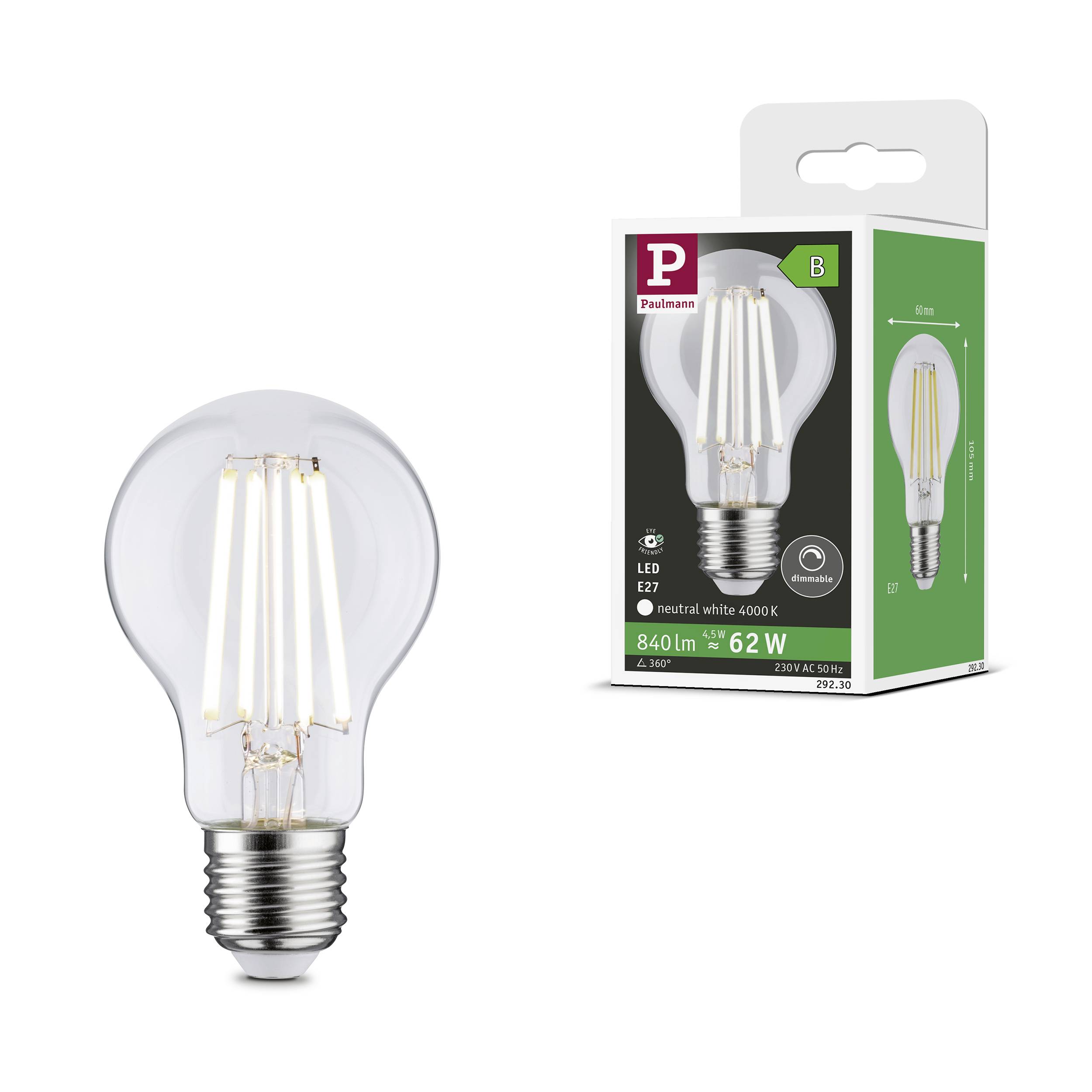 LED-Glühbirne mit E27-Fassung, 8W, 4000K neutrales Weiß, 840 Lumen, energiesparend, Verpackung im Hintergrund.