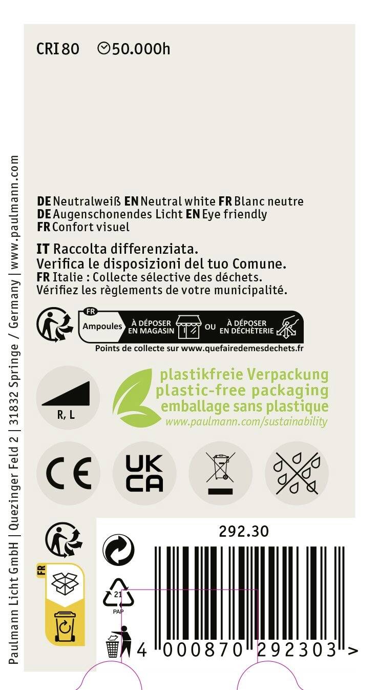 Lampenschachtelrückseite mit Symbolen für Recycling, CE- und UKCA-Kennzeichnung. Text auf Deutsch, Englisch, Französisch, Italienisch.