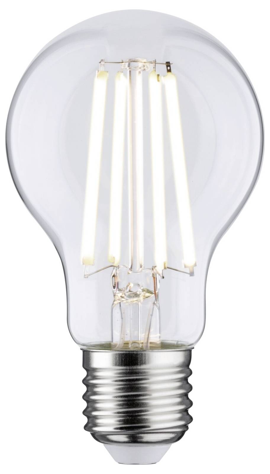 Eine klare Glühbirne mit sichtbaren Filamenten und einem silbernen Schraubsockel. Sie ist angeschaltet und leuchtet hell.