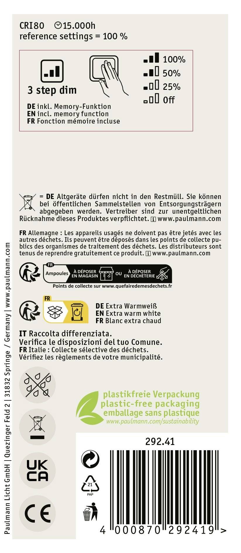 Paulmann 29241 LED E27 Globeform 4.2W Bernstein (Ø x H) 64mm x 143mm 1St.