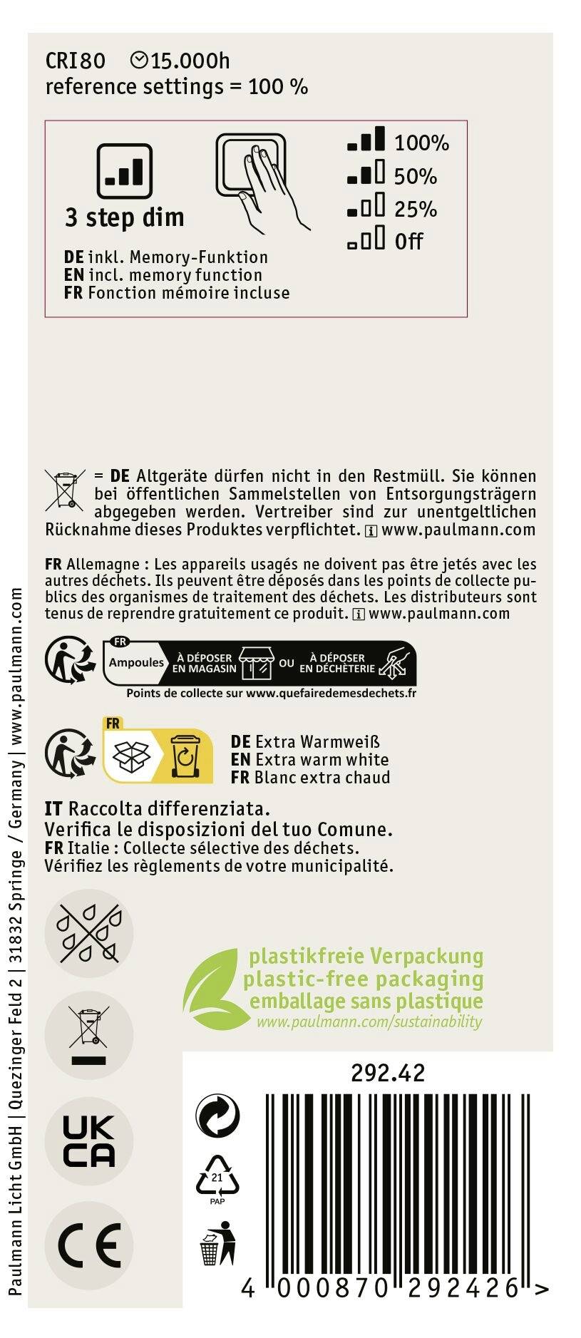 Paulmann 29242 LED E27 Globeform 4.2W Bernstein (Ø x H) 64mm x 143mm 1St.