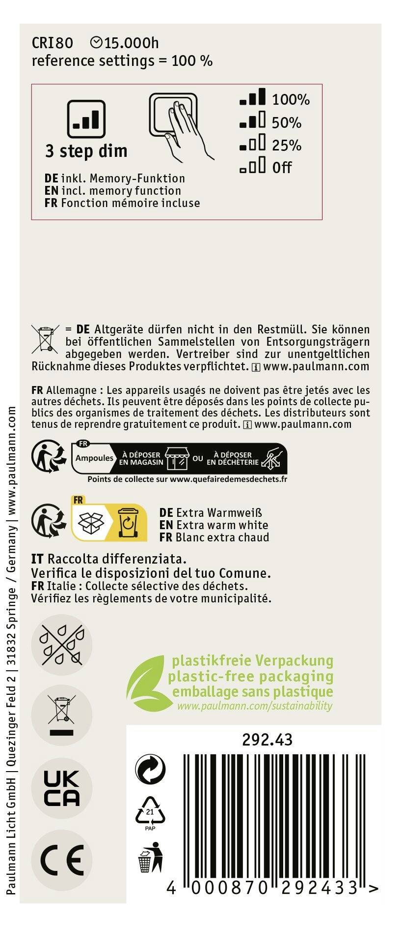 Paulmann 29243 LED E27 Globeform 4.2W Bernstein (Ø x H) 64mm x 143mm 1St.