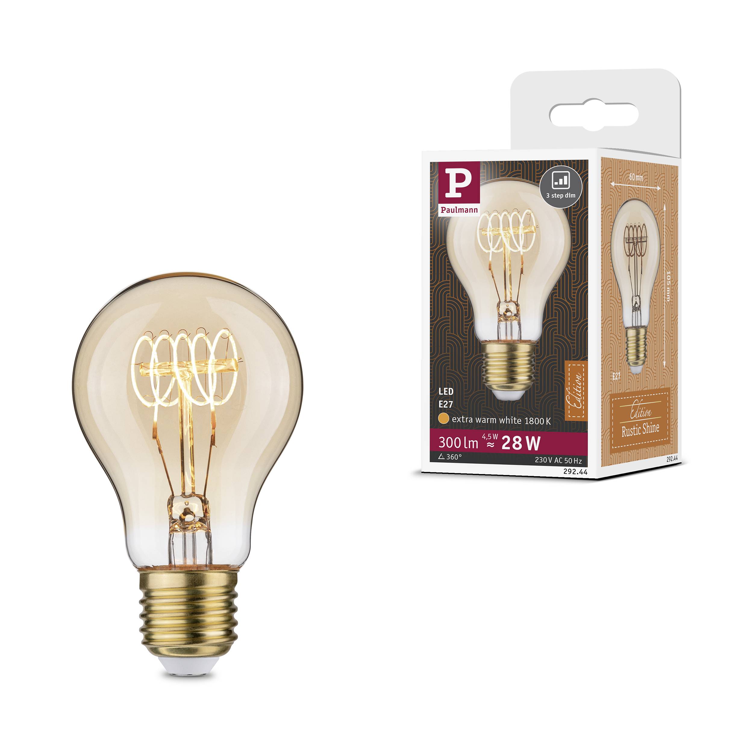 Glühbirne 'Paulmann LED E27' mit 300 Lumen und 28W, warmweißes Licht (1800K). Verpackung im Hintergrund zeigt das Produkt.