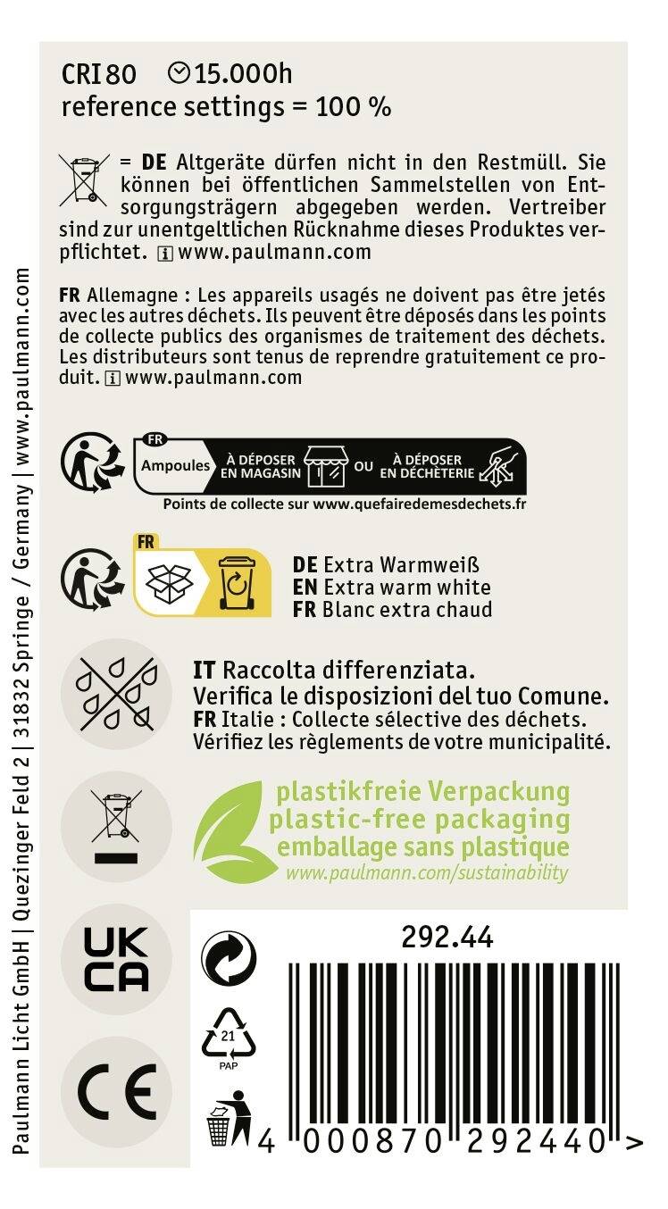 Etikett einer Produktverpackung mit Umweltinformationen und Symbolen für Recycling. Verpackung wird als plastikfrei beschrieben.