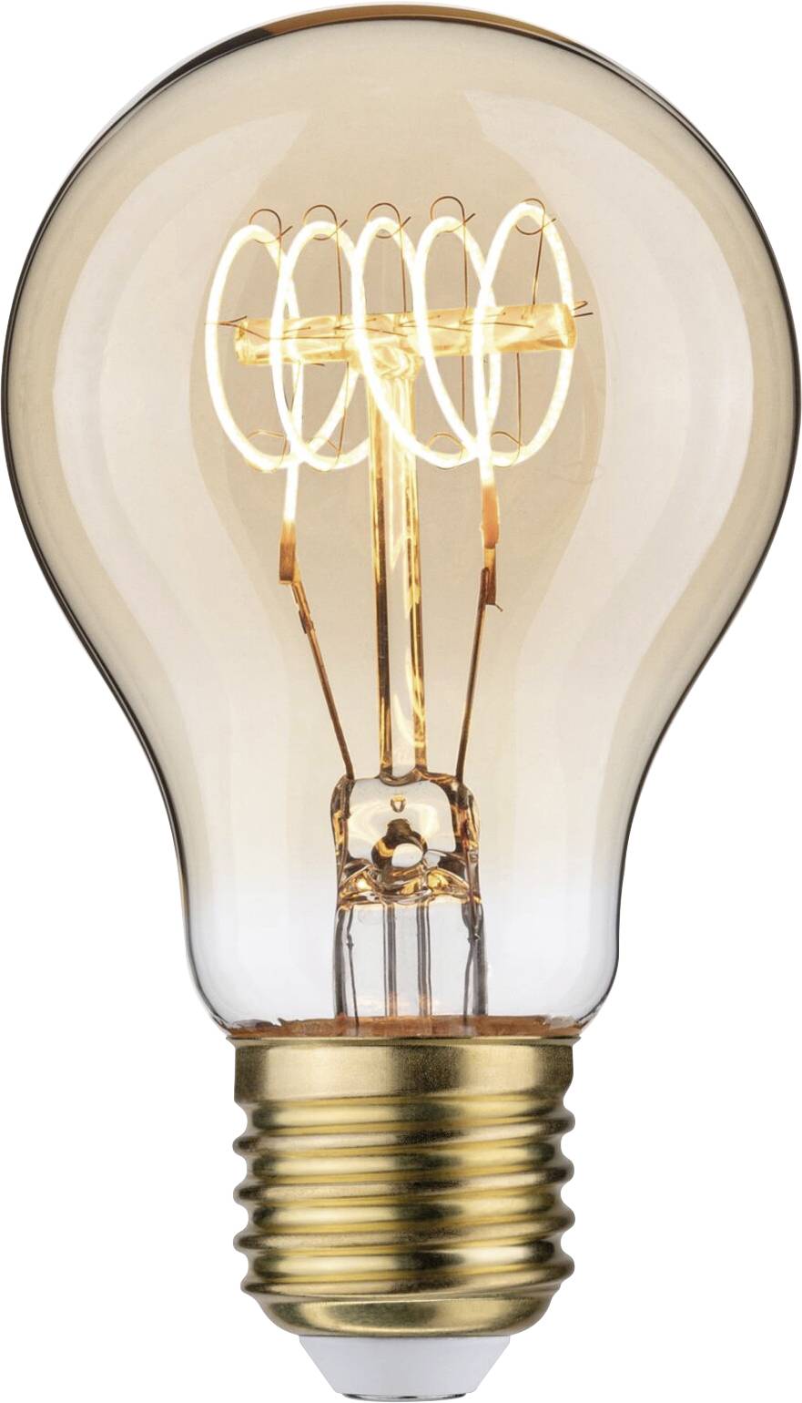 Glühbirne mit sichtbarem, spiraligem Glühfaden, die eingeschaltet ist und ein warmes Licht ausstrahlt.