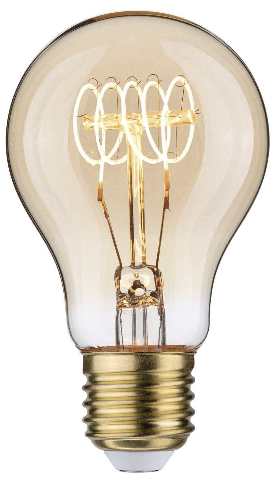 Glühbirne mit sichtbarem, leuchtendem Filament, das in einem spiralförmigen Muster angeordnet ist.