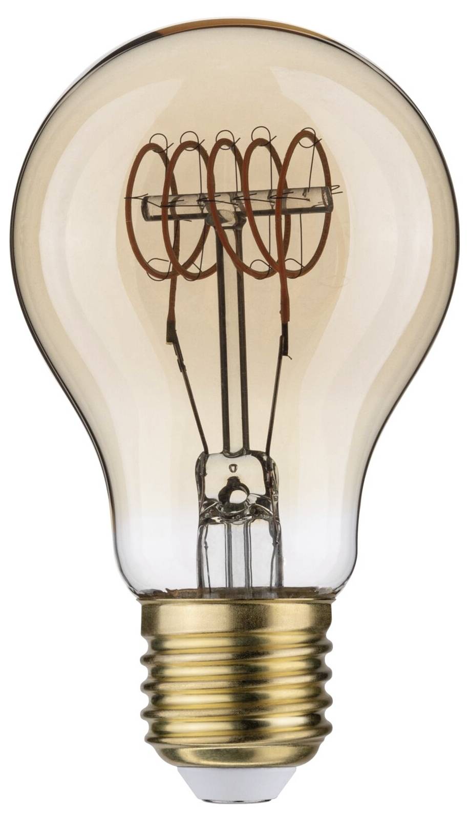 Glühbirne mit sichtbarem Filament, das in einer Spiralform angeordnet ist. Vor einem neutralen Hintergrund platziert.