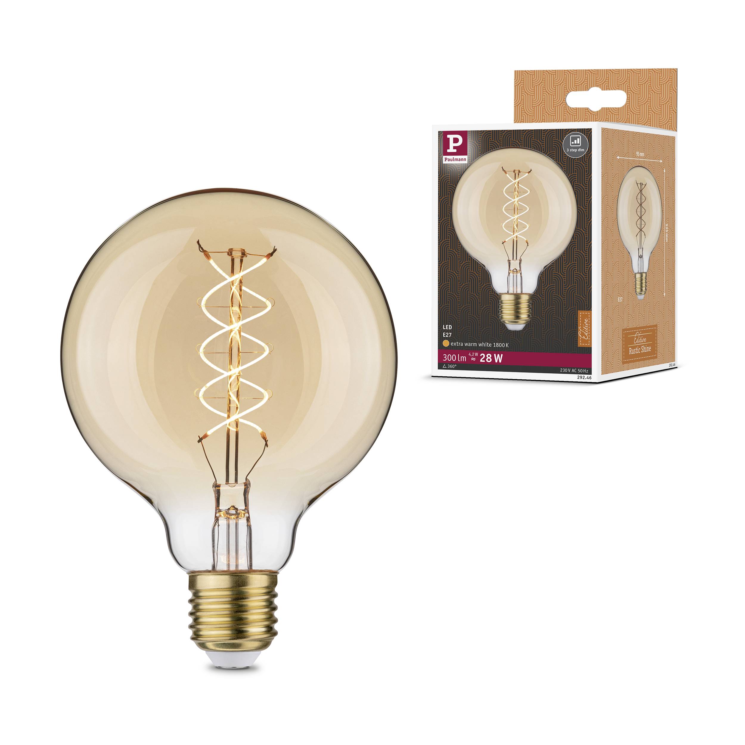 Eine LED-Glühbirne mit sichtbarer Glühwendel in einem transparenten Glas. Rechts daneben die Verpackung mit einem Bild der Birne.