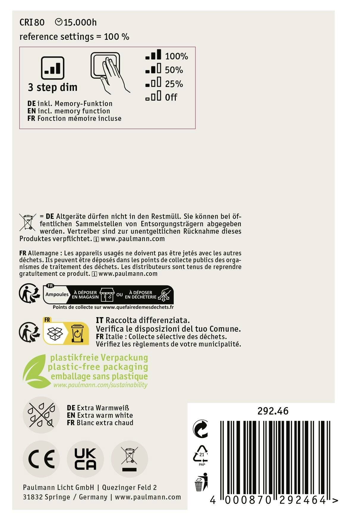 Etikett einer LED-Lampe mit Informationen zur Lichtfarbe, Funktionen (z. B. Memory), Step-Dimming-Stufen und Verpackungsmaterial.