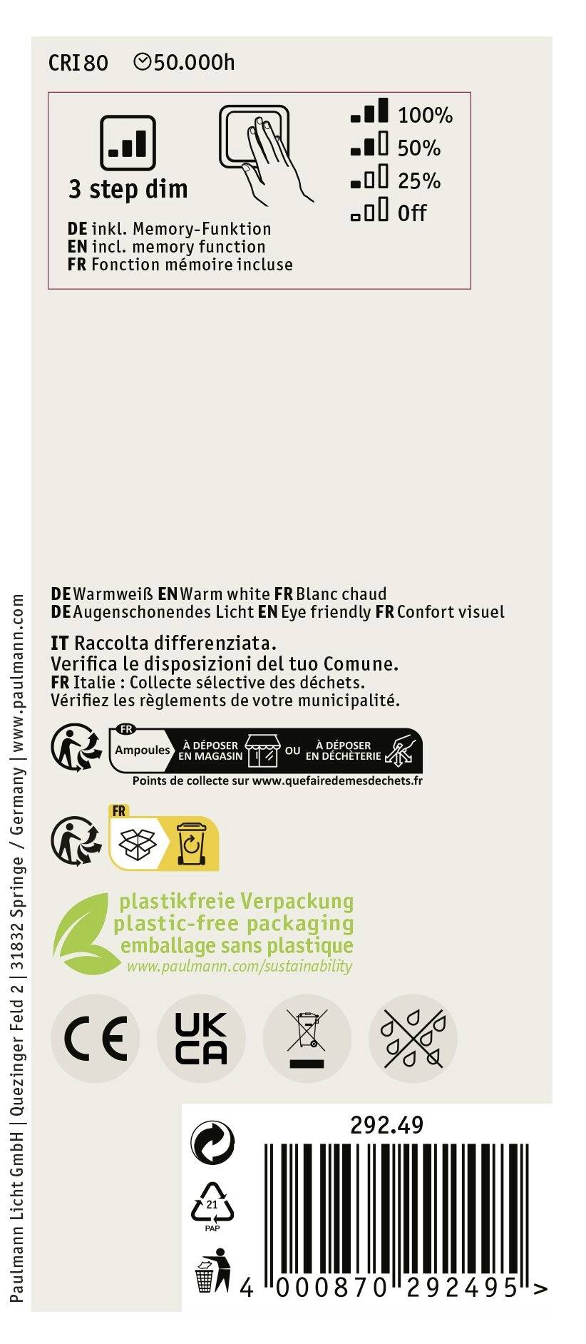 Paulmann 29249 LED EEK B (A - G) E27 Kolbenform 4.3W Warmweiß (Ø x H) 64mm x 143mm 1St.