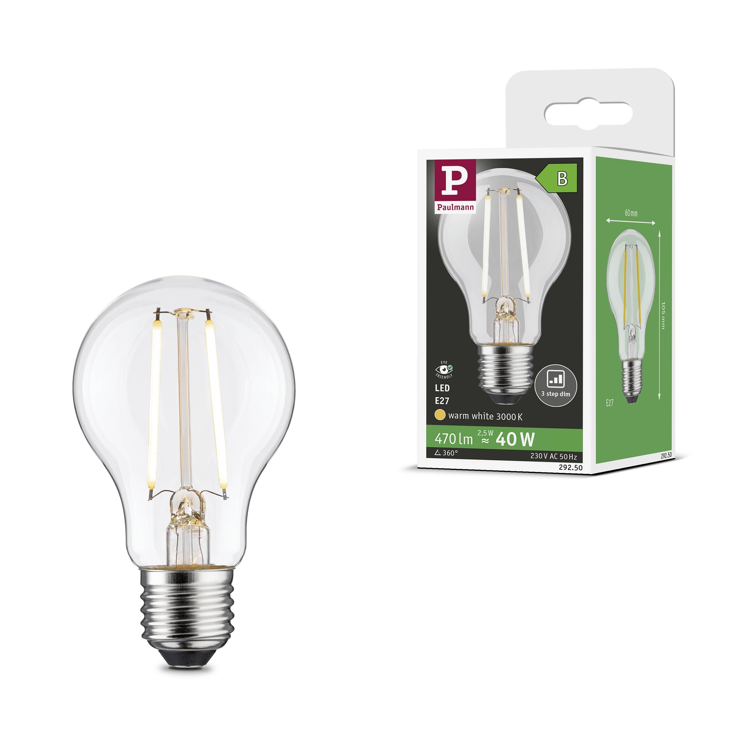Paulmann 29250 LED EEK B (A - G) E27 Glühlampenform 2.5W Warmweiß (Ø x H) 60mm x 105mm 1St.