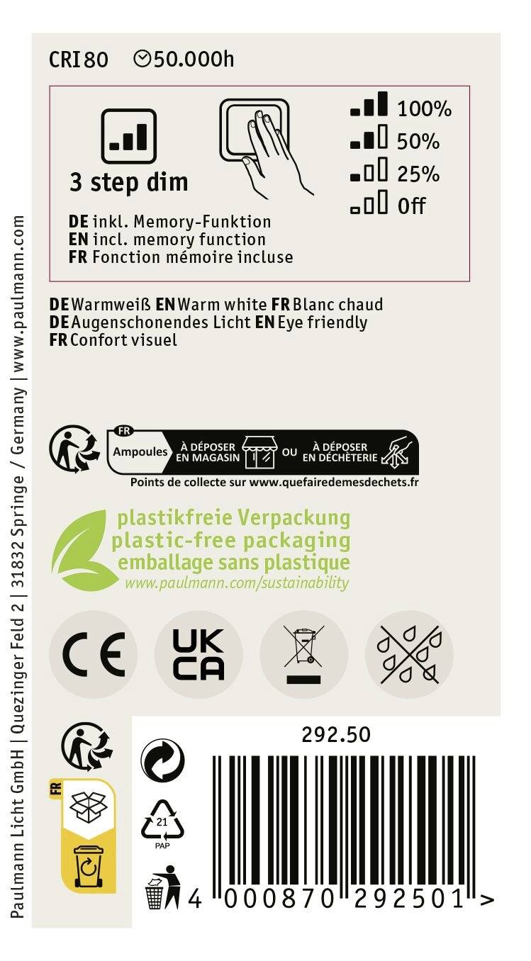 LED-Lampe Etikett: 3-stufiges Dimmen, warmweißes Licht. Symbole für Recycling, CE-Kennzeichnung, plastikfreie Verpackung.