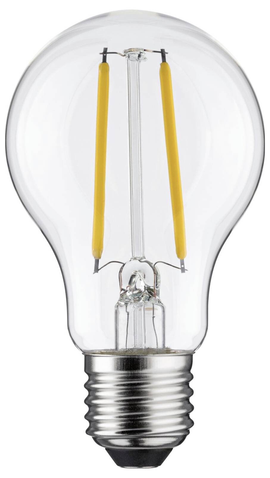 Glühbirne mit LED-Filamenten, klare Hülle, E27-Fassung. Energieeffiziente Beleuchtungslösung.