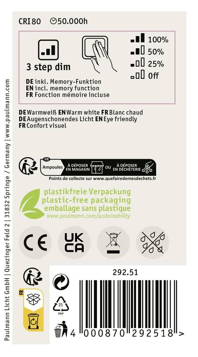 Energieeffiziente LED-Lampe mit 3-Stufen-Dimmfunktion und Memory, 50.000 Stunden Lebensdauer. Plastikfreie Verpackung.